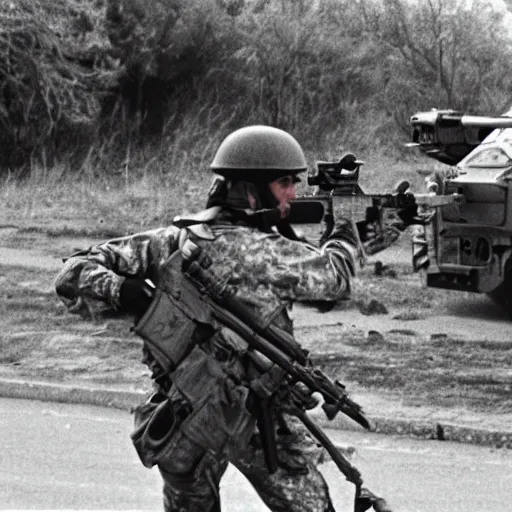 Prompt: distant shot of soldiers in a shootout near a military base, 1 9 8 7, movie still