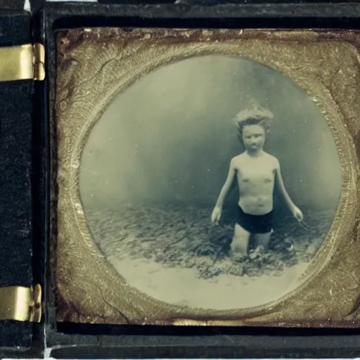 Image similar to tintype photo, swimming deep underwater, kid with huge alien