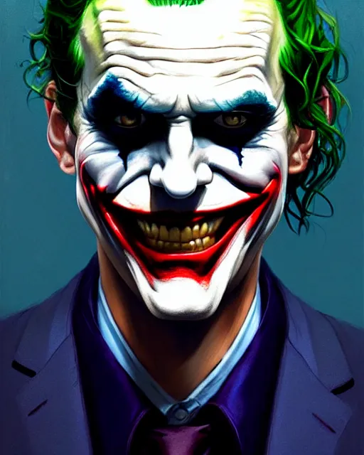 Image similar to character portrait of the joker | | realistic shaded, unpleasant face, bad looking, fine details, realistic shaded lighting poster by greg rutkowski, magali villeneuve, artgerm, jeremy lipkin and michael garmash and rob rey