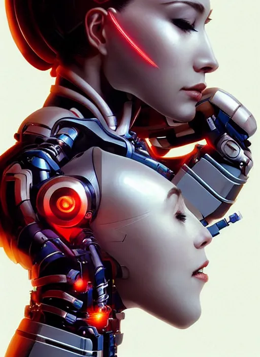 Image similar to portrait of a cyborg woman who turns her head to the ((((((right))))) left+350 (((((up))))) (((((down))))) by Artgerm,eyes closed , biomechanical, hyper detailled, trending on artstation