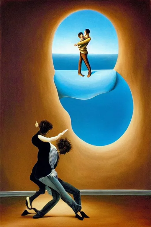 Image similar to optical illusion painting of a couple dancing in a worm hole, illusionism, look twice, mind blow, by leandro erlich and salvador dali, detailed