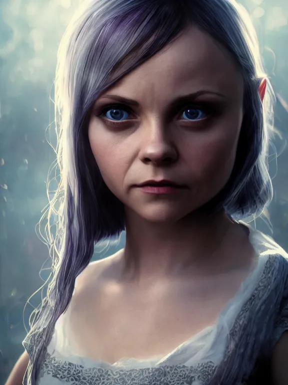 Image similar to portrait art of Christina Ricci, elf ears, 8k ultra realistic , lens flare, atmosphere, glow, detailed,intricate, full of colour, cinematic lighting, trending on artstation, 4k, hyperrealistic, focused, extreme details,unreal engine 5, cinematic, masterpiece