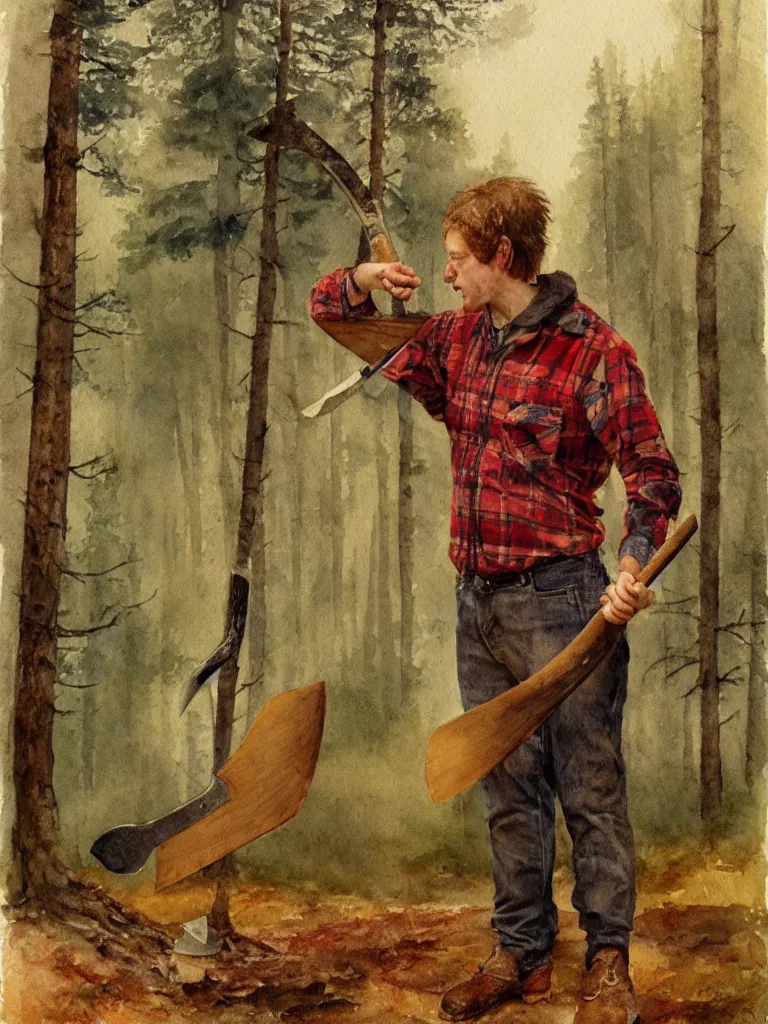 Image similar to a watercolor painting of a man wearing lumberjack clothes and holding a axe by william turner, forest in the background, warm colors, anatomically correct, five fingers, realistic and defined face, realistic, digital painting, masterpiece, watercolor, william turner, symmetrical, low contrast, warm