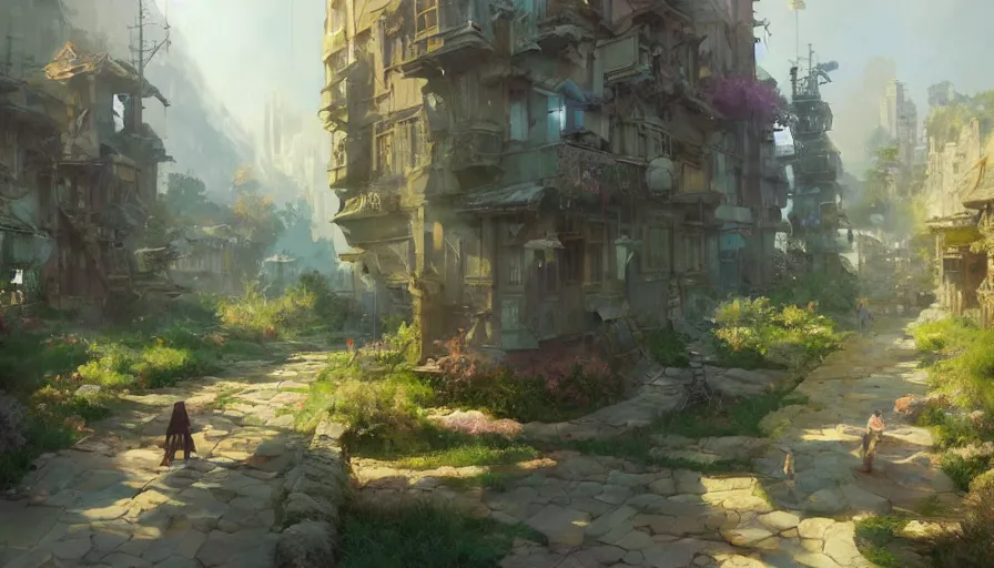 Image similar to craig mullins and ghibli digital illustration of the city of the fae unreal engine, hyper realism, realistic shading, cinematic composition, realistic render, octane render, detailed textures, photorealistic, wide shot, fanciful, colorful