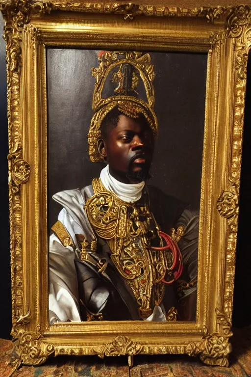 Image similar to victorian oil painting of african nobility in an ornate and baroque throne room, highly detailed, portrait by caravaggio