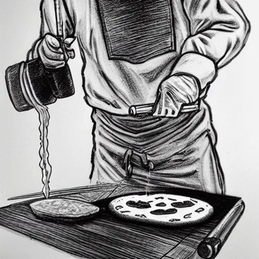 Image similar to very detailed black and white pencil sketch of walter white cooking a pizza with a blowtorch