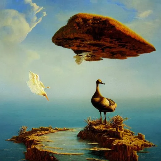 Prompt: beautiful painting of a goose on a island in the middle of the sea, beautiful artwork, intricate artwork by tooth wu, greg rutkowksi and beksinski, 4 k