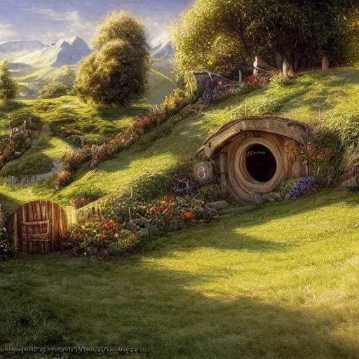 Image similar to beautiful serene hobbiton, by alan lee, lord of the rings, smooth, detailed terrain, oil painting, matte painting concept art, trending on art station