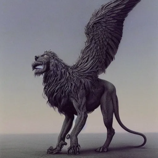 Prompt: griffon concept art, lion body, beksinski, wayne barlowe