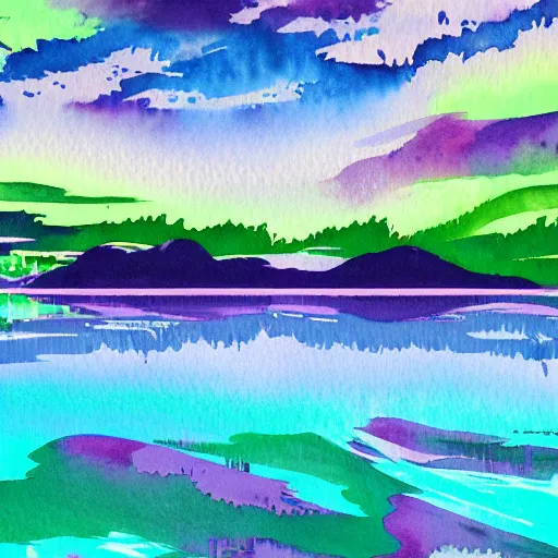 Prompt: Watercolor painting of a vaporwave lake, vaporwave