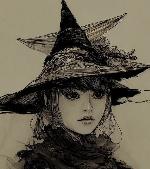 Prompt: portrait of fumo doll wearing witch hat, pen and ink, intricate line drawings, by craig mullins, ruan jia, kentaro miura, greg rutkowski, loundraw