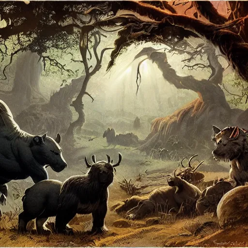 Image similar to eternal friendship and rest of the animals of the forest by Frank Frazetta, dynamic lighting, cinematic, establishing shot, extremely high detail, shining, intricate line drawings, 8k resolution