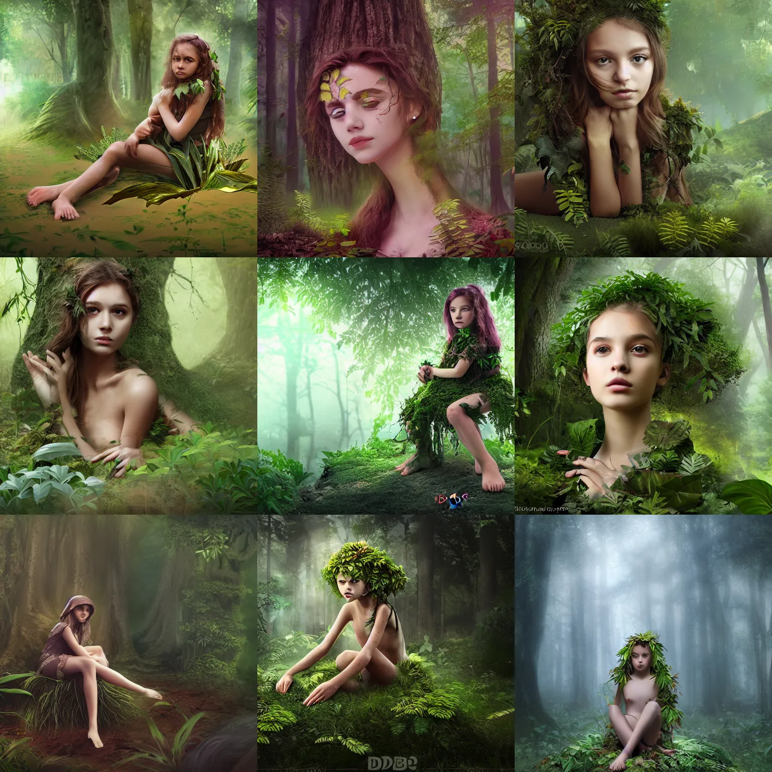 Prompt: young girl made of plants sitting in a forest with skin made of leaves, dnd, matte painting, 4 k