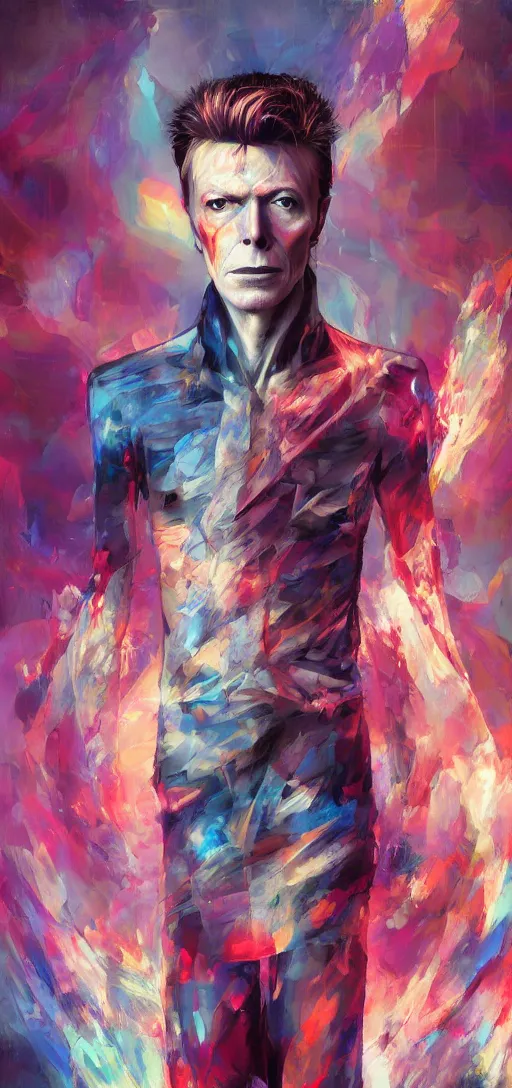 Prompt: A portrait of David Bowie , by Stanley Artgerm Lau, WLOP, Rossdraws, James Jean, Andrei Riabovitchev, Marc Simonetti, and Sakimichan, trending on artstation with a blend of manga-style art, augmented with vibrant composition and color, all filtered through a cybernetic lens, studio lighting, lit by flashing pixel light, cinematic lightning, medium shot, mid-shot, highly detailed, trending on artstation, Unreal Engine 4k, cinematic wallpaper