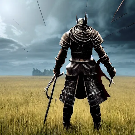 Prompt: Character from Dark Souls standing in a wide open field