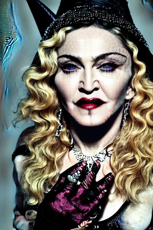 Prompt: madonna as witch, high resolution, smooth, fine details, 4 k, aesthetic lighting, baroque content, sharp focus, left align content, hyperdetailed content, professional photography, sharp focus, wet, pullitzer winning, by karah mew and adnan abidi and jodie bateman, rgb color, no duplicate content