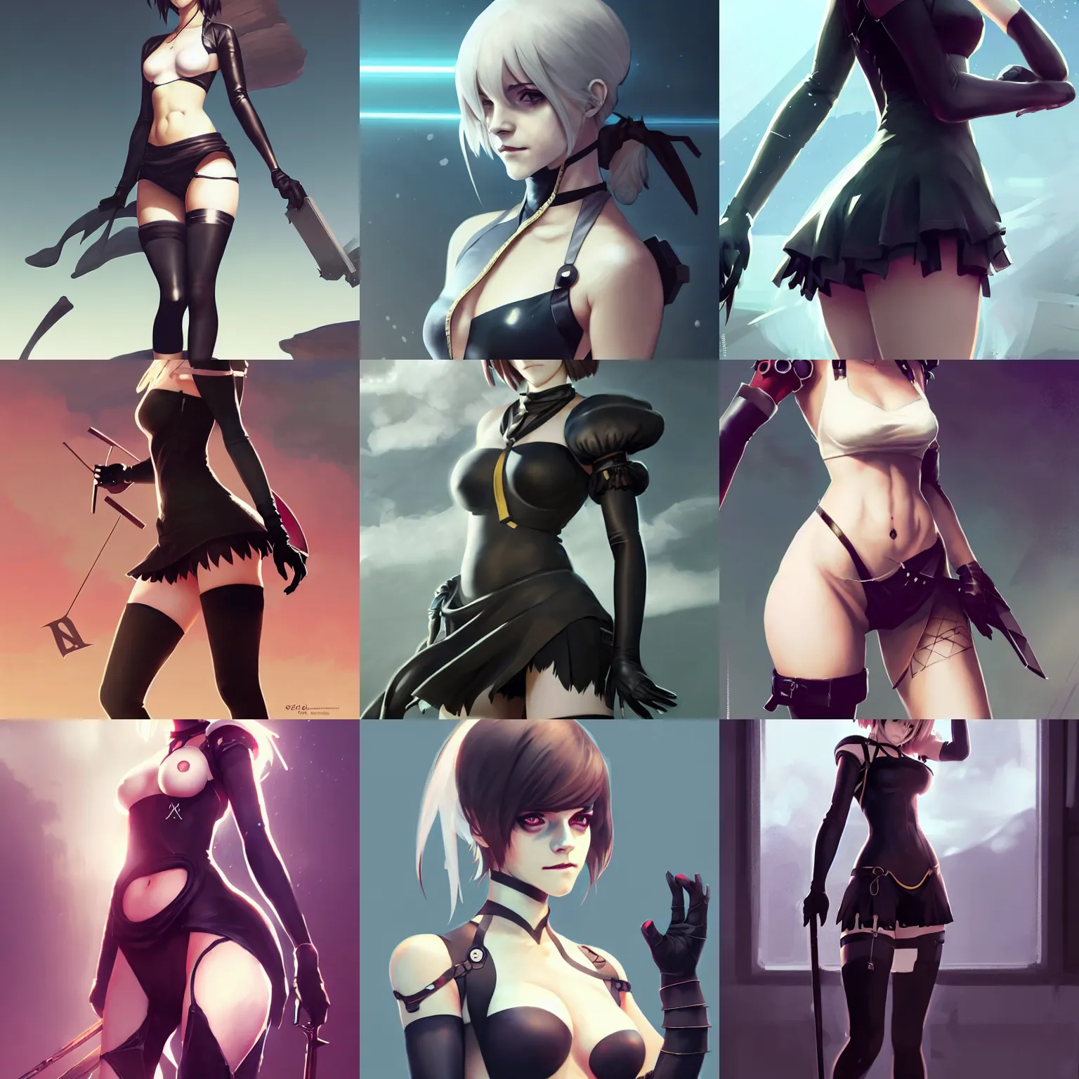 Prompt: attractive Emma Watson as 2B from Nier Automata and Aynami Rei from Evangelion , hourglass slim figure , full body shot close up , seductive smile , details, sharp focus , illustration , by Jordan Grimmer and greg rutkowski , Trending artstation , pixiv , digital Art