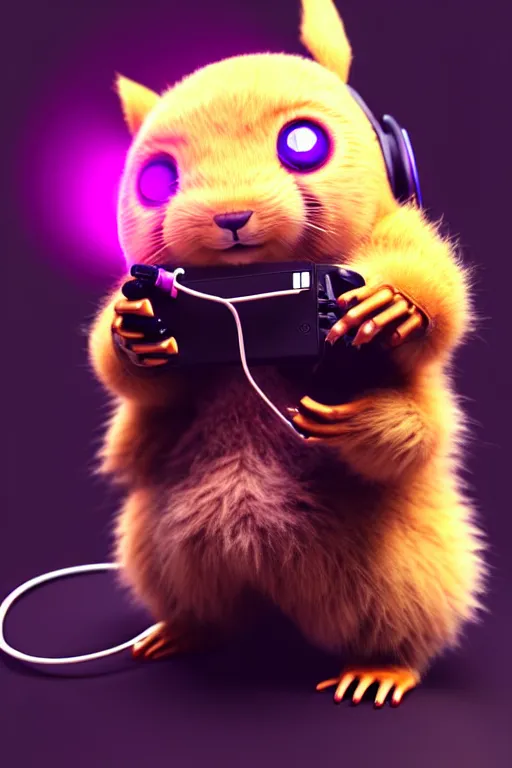 Prompt: high quality 3 d render neo - cyberpunk very cute fluffy! wombat!! cyborg with headphones, mechanical paw, highly detailed, unreal engine cinematic smooth, in the style of detective pikachu, hannah yata charlie immer, neon purple light, low angle, uhd 8 k, sharp focus