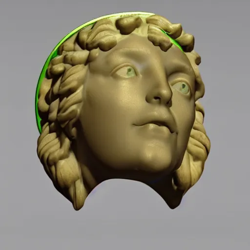 Image similar to a neon ring on the head of a renaissance statue, 3 d render