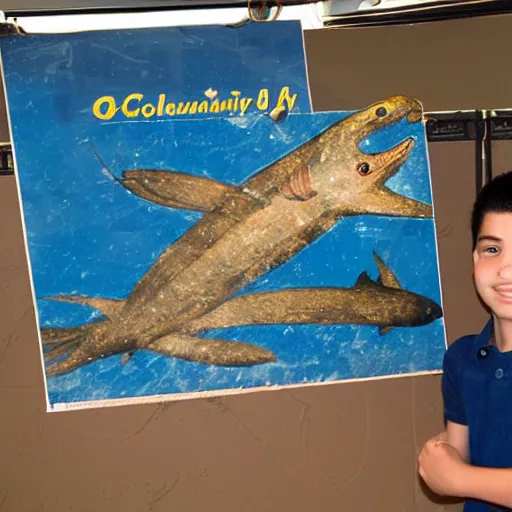 Image similar to boy flying with school of coelacanths