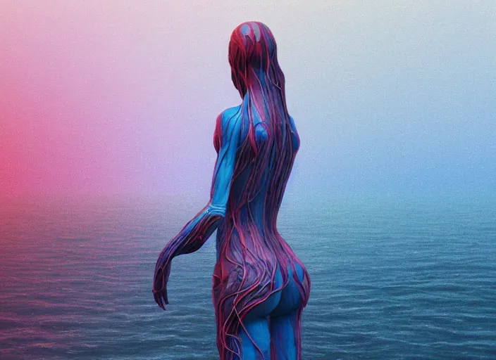 Image similar to rgb, woman, ocean, on an alien planet, movie scene, inspired by zdzislaw beksinski, clothes made out of veins,, cables everywhere, bedroom, ultra realistic, concept art, intricate details, highly detailed, photorealistic, octane render, 8 k