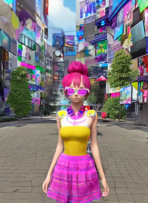 Image similar to vrchat, secondlife, imvu, 3 d model of a girl wearing harajuku colorful clothes, hq render, detailed textures, artstationhd, booth. pm, highly detailed attributes and atmosphere, dim volumetric cinematic lighting, hd, unity unreal engine
