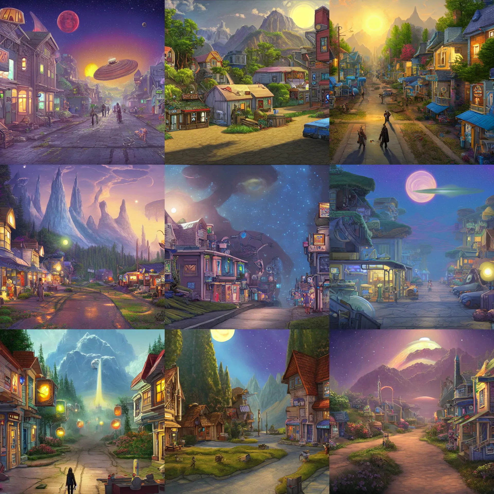 Prompt: on main street in a small colony on a remote planet, from a space themed point and click 2 d graphic adventure game, art inspired by the lord of the rings and thomas kinkade