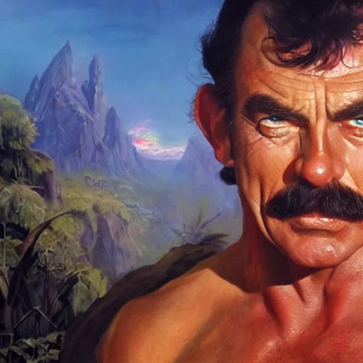 Image similar to ultra realistic portrait painting of tom selleck as gollum, art by frank frazetta, 4 k, ultra realistic, highly detailed, epic lighting