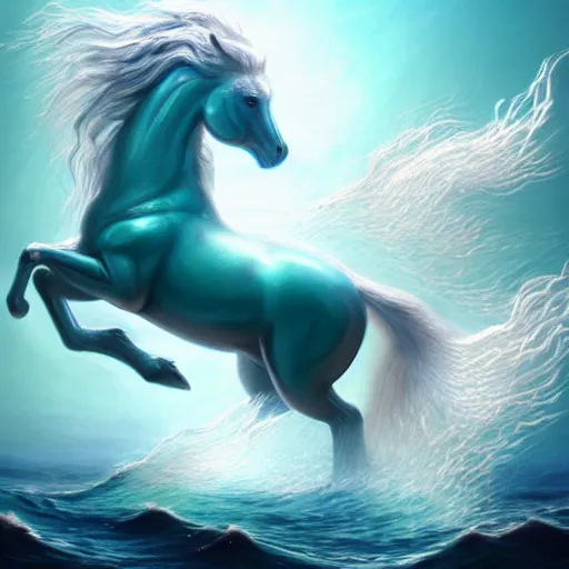 Prompt: a fantastical transparent small turquoise spirit horse made of water and foam and algae and ice, splashing water, wave, translucent, ethereal, noble, radiant, hyperalism, scottish folklore, digital painting, artstation, concept art, smooth, 8 k frostbite 3 engine, ultra detailed, art by artgerm and greg rutkowski and magali villeneuve