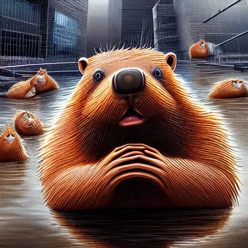 Image similar to photography hyperrealism concept art of anthropomorphic beavers as construction builders that building city from sticks