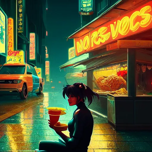 Image similar to splash art of anthropomorphic female vulpes vulpes fulva woman sitting at a noodle stand eating noodles in the crowded street of a cyberpunk city, rain, harsh neon lights, atmospheric : by weta, greg rutkowski, wlop, ilya kuvshinov, rossdraws, artgerm, octane render, liosh, mucha