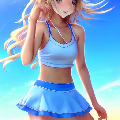 Image similar to a very beautiful young anime tennis girl, full body, long wavy blond hair, sky blue eyes, ( ( ( full round face ) ) ), short smile, bikini, miniskirt, front view, mid - shot, highly detailed, cinematic wallpaper by stanley artgerm lau
