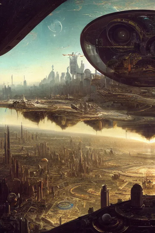 Image similar to a vast planetary sci-fi city by Ansel Adams and Bernardo Bellotto, oil on canvas, artstation, dramatic scenery, masterpiece, aesthetic