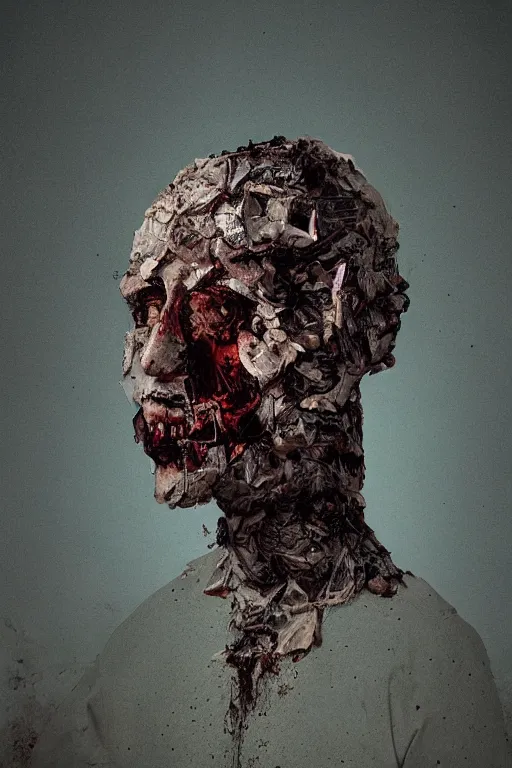 Image similar to a dark morbid portrait of an exploding human head made from antique paper, dry and dusty faling apart, intricate, cinematic lighting, surreal photography, simon stalenhag