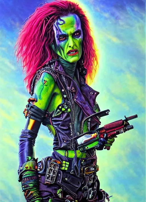 Prompt: winona ryder as an apocalyptic scifi orcish biker character, psychedelic vibrant colors, futuristic punk rock fashion, oil painting by michael whelan art, perfect face, sharp focus, detailed eyes, realistic, 8 k