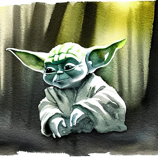 Image similar to high - angle view, baby yoda on a well lit path in a dimly lit forest, dramatic cloudy setting sun, muted color. minimalist, detailed, watercolor, ink ue 5