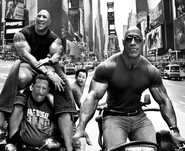 Image similar to Dwayne the Rock Johnson riding on the back of Adam Sandler, doing Methamphetamine at Times Square, photograph by Alfred Eisenstaedt, 4K, dramatic lighting; 4K 8K