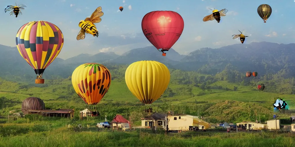 Prompt: ecovillage, hot air balloon, solarpanel, flying cow, flying big bee, solarpunk style