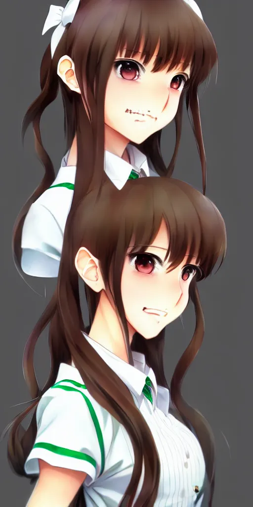 Image similar to beautiful anime high school girl, full body, brown hair, ponytail, white ribbon, green eyes, full perfect face, slightly smiling, detailed background, drawn by Artgerm, Sasoura, Satchely, no distorsion