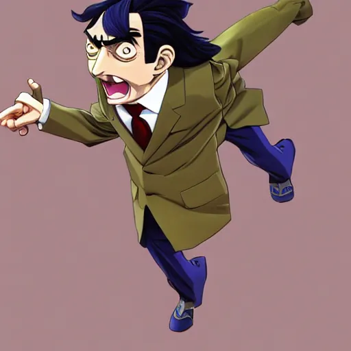 Prompt: Digital painting of Mr Bean walking like a Italian model in JoJo's Bizzare Adventure anime style, official media from JoJo's Bizzare Adventure, highly detailed, sharp focus, 1990 manga panel, anime, ArtStation, art by Hirohiko Araki