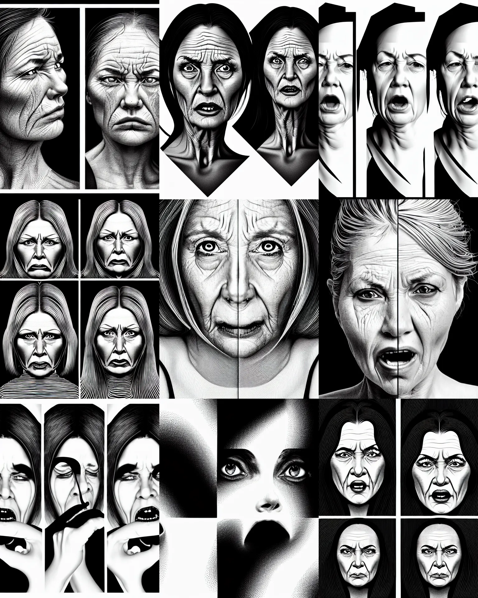 Prompt: a triptych of extreme close up monochromatic vector based illustration of a very ordinary middle - aged woman with a angry expression, wrinkles, no gradients, pure black ink on white background, smooth curves, vector spline curve style, award winning, stunning, trending on art station, highly detailed