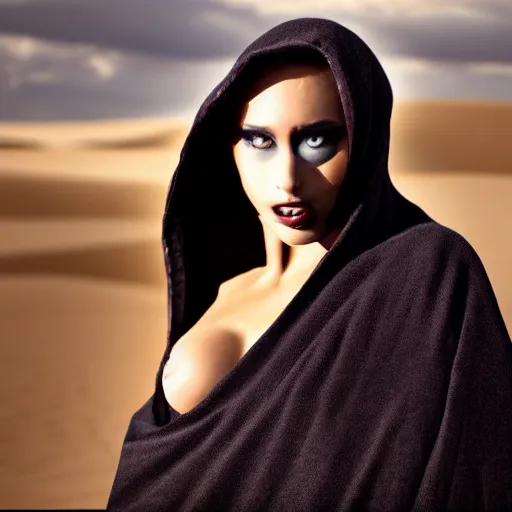 Image similar to beautiful demon woman wearing only a black blanket in a desert