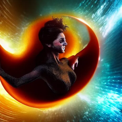 Prompt: woman falling through a black hole into hell facing all her enemies