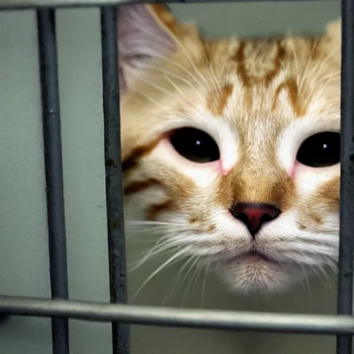 Image similar to cat in an american prison cell, sad face, handcuffed