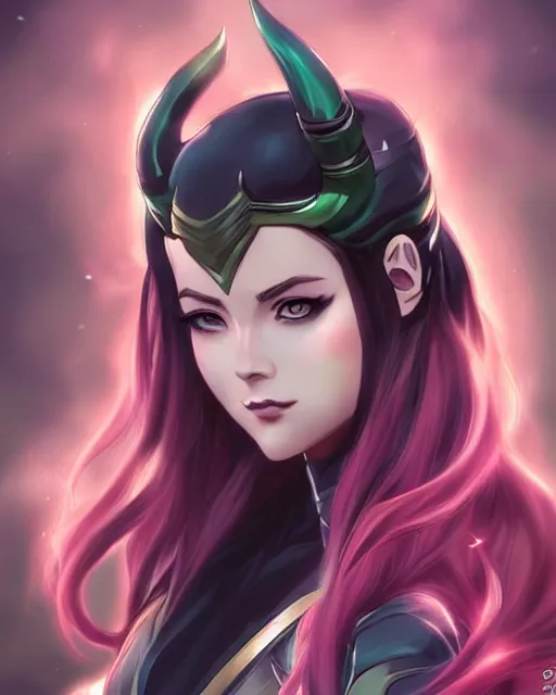 Image similar to Female Loki anime character beautiful digital illustration portrait by Ross Tran, artgerm detailed, soft lighting