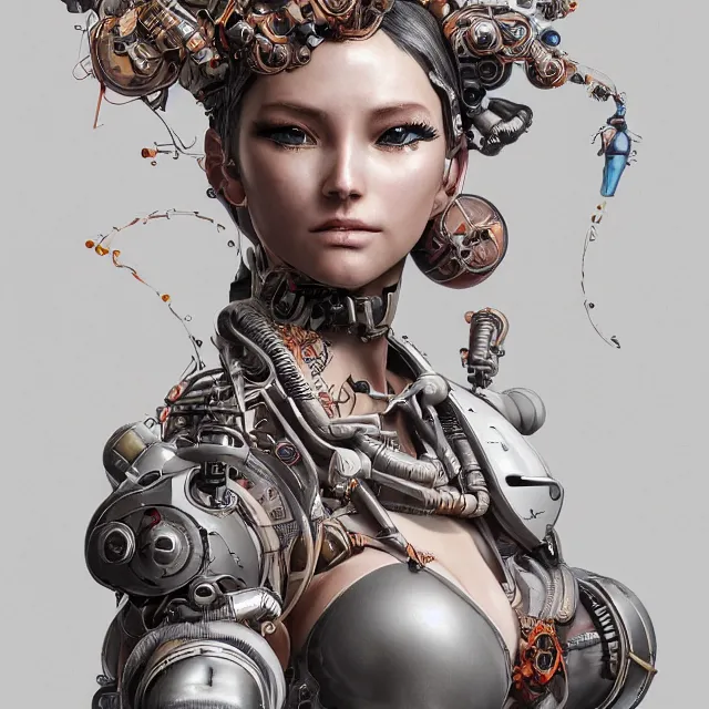 Prompt: the portrait of true neutral semi - colorful female cyborg mechanist as absurdly beautiful, gorgeous, elegant, young swimsuit model looking up, an ultrafine hyperdetailed illustration by kim jung gi, irakli nadar, intricate linework, detailed faces, focused, octopath traveler, unreal engine highly rendered, global illumination, radiant light, detailed and intricate environment