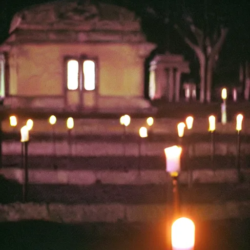 Prompt: film photography film photography of a cemetery, Panteón de Dolores, Mexico City, at night, lit with candles, Leica M6, cinestill 800, Noctilux 50mm