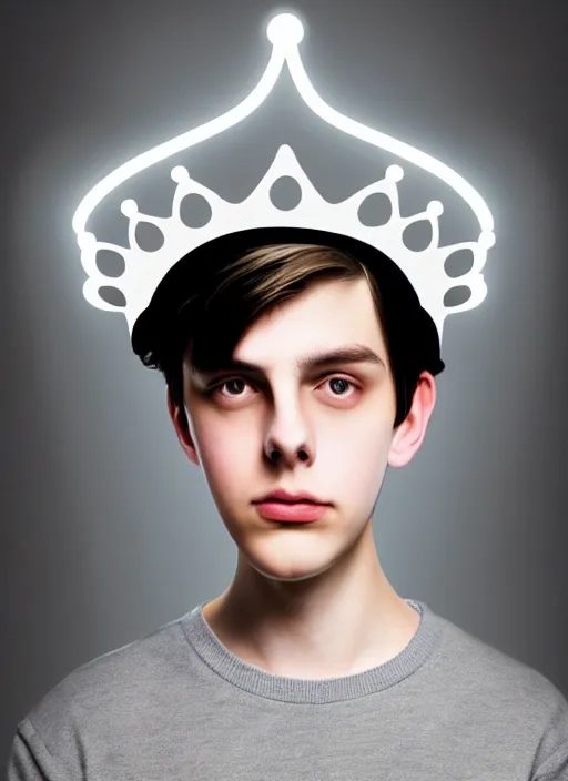 Image similar to portrait of teenage jughead jones wearing a light grey crown, photorealistic, crown, eyes closed, crown, black hair, sweater with letter s on it, letter s, intricate, elegant, glowing lights, highly detailed, digital painting, artstation, concept art, smooth, sharp focus, illustration, art by wlop, mars ravelo and greg rutkowski