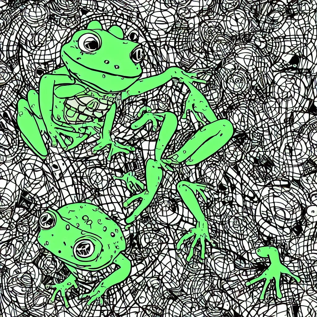 Image similar to toad head, ryuta ueda artwork, breakcore, style of jet set radio, y 2 k, gloom, space, cel - shaded art style, frogs, amphibians, sacred geometry, data, minimal, code, cybernetic, dark, eerie, cyber