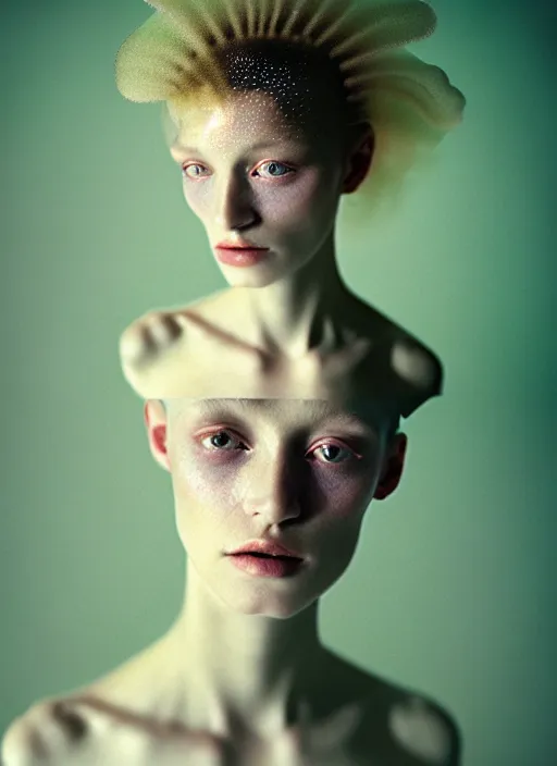 Image similar to Kodak Portra 400, 8K, soft light, volumetric lighting, highly detailed, britt marling style 3/4 , portrait photography of a beautiful woman by Paolo Roversi, face and body merging with jellyfishes, symbolic metamorphosis complex 3d render , 150 mm lens, art nouveau fashion embroidered,bust with intricate underwaters details, elegant, hyper realistic, ultra detailed, octane render, underwater soft colours, emotionally evoking, head in focus, fantasy, elegant, soft light, volumetric lighting, highly detailed, Refined, Highly Detailed, soft pastel lighting colors scheme, fine art photography, Hyper realistic, photo realistic